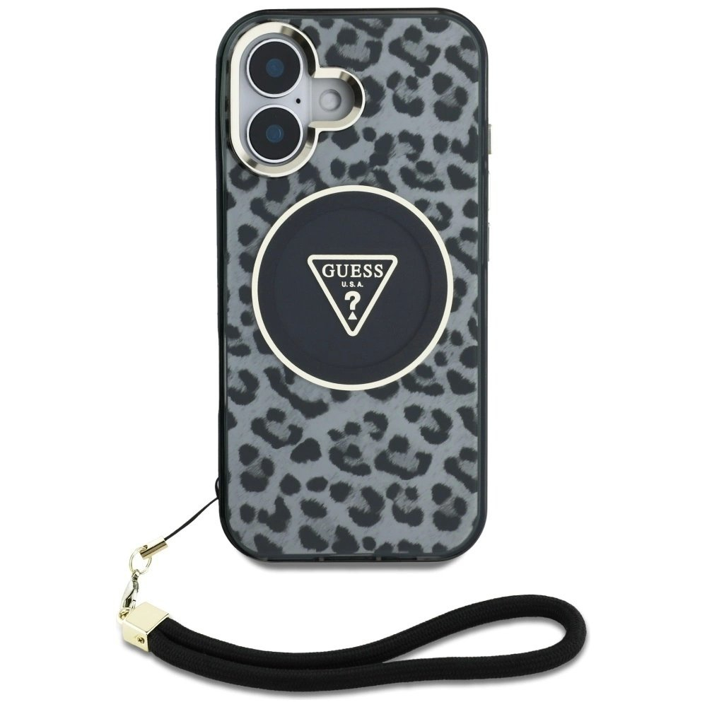 Guess HC IML Leopard Triangle Cord Strap MagSafe Dėklas skirtas iPhone 16 - Juodas 1