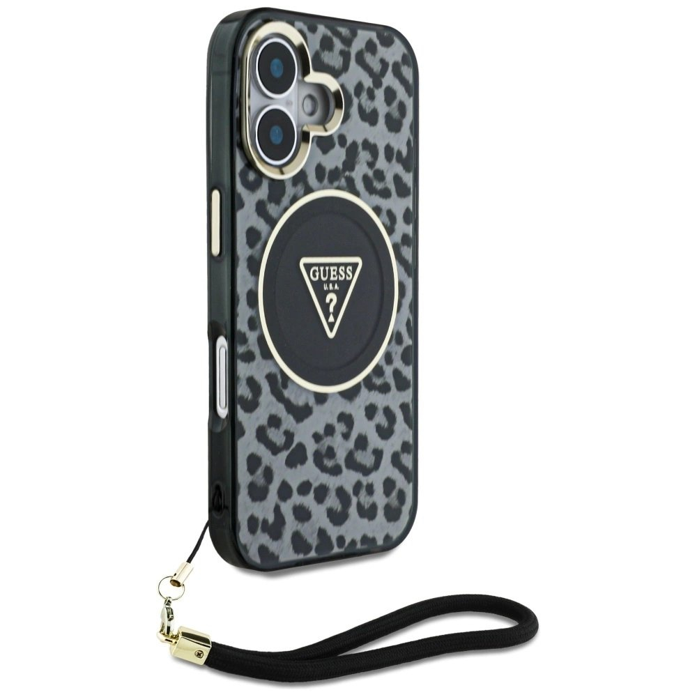 Guess HC IML Leopard Triangle Cord Strap MagSafe Dėklas skirtas iPhone 16 - Juodas 2