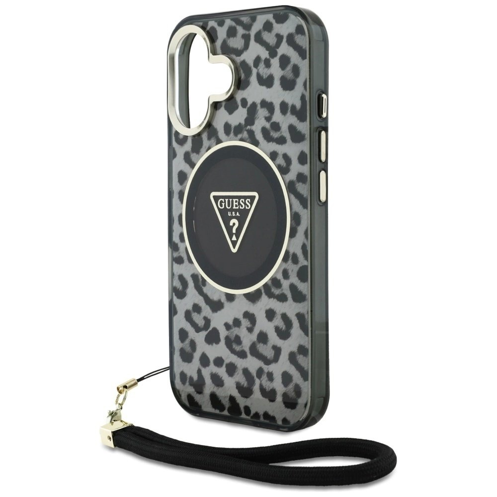 Guess HC IML Leopard Triangle Cord Strap MagSafe Dėklas skirtas iPhone 16 - Juodas 4 Guess HC IML Leopard Triangle Cord Strap MagSafe Dėklas skirtas iPhone 16 - Juodas 4