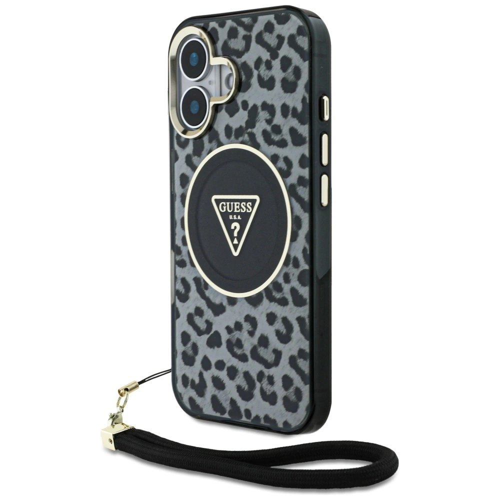 Guess HC IML Leopard Triangle Cord Strap MagSafe Dėklas skirtas iPhone 16 - Juodas Guess HC IML Leopard Triangle Cord Strap MagSafe Dėklas skirtas iPhone 16 - Juodas