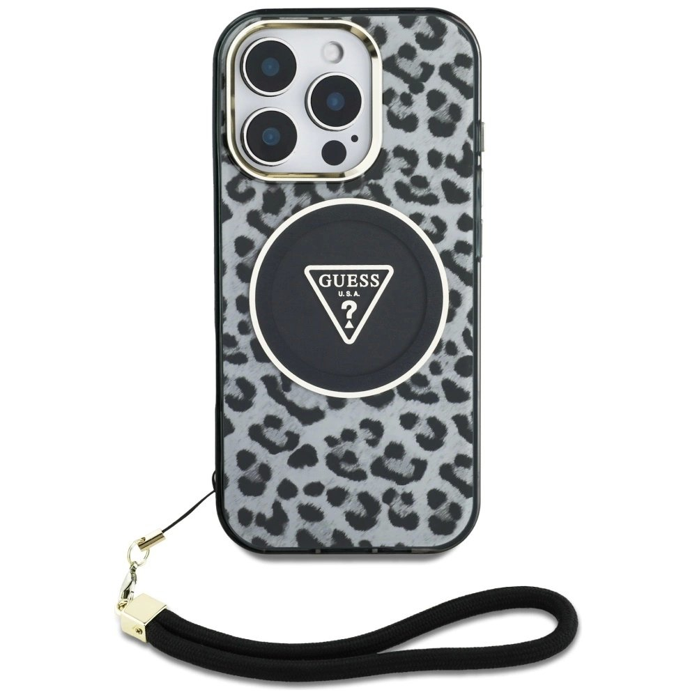 Guess HC IML Leopard Triangle Cord Strap MagSafe Dėklas skirtas iPhone 16 Pro - Juodas 1
