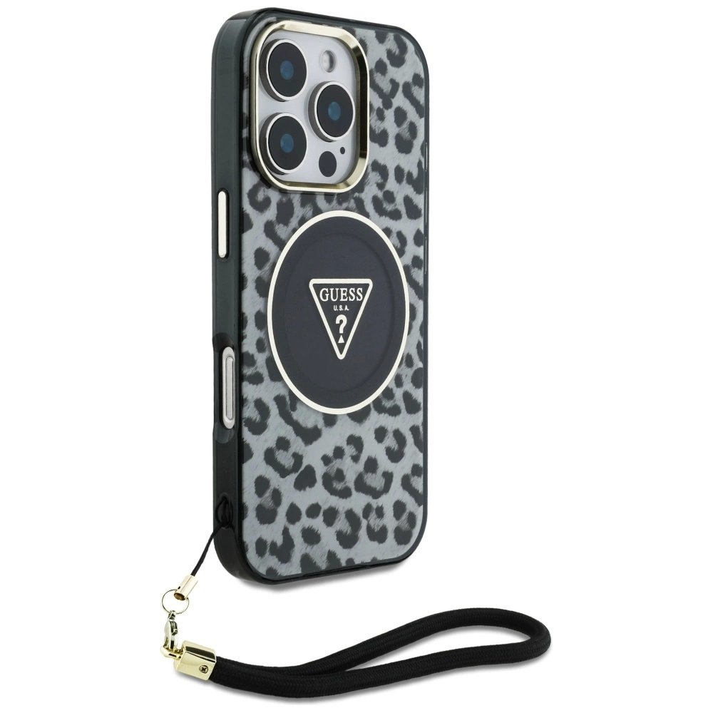 Guess HC IML Leopard Triangle Cord Strap MagSafe Dėklas skirtas iPhone 16 Pro - Juodas 2