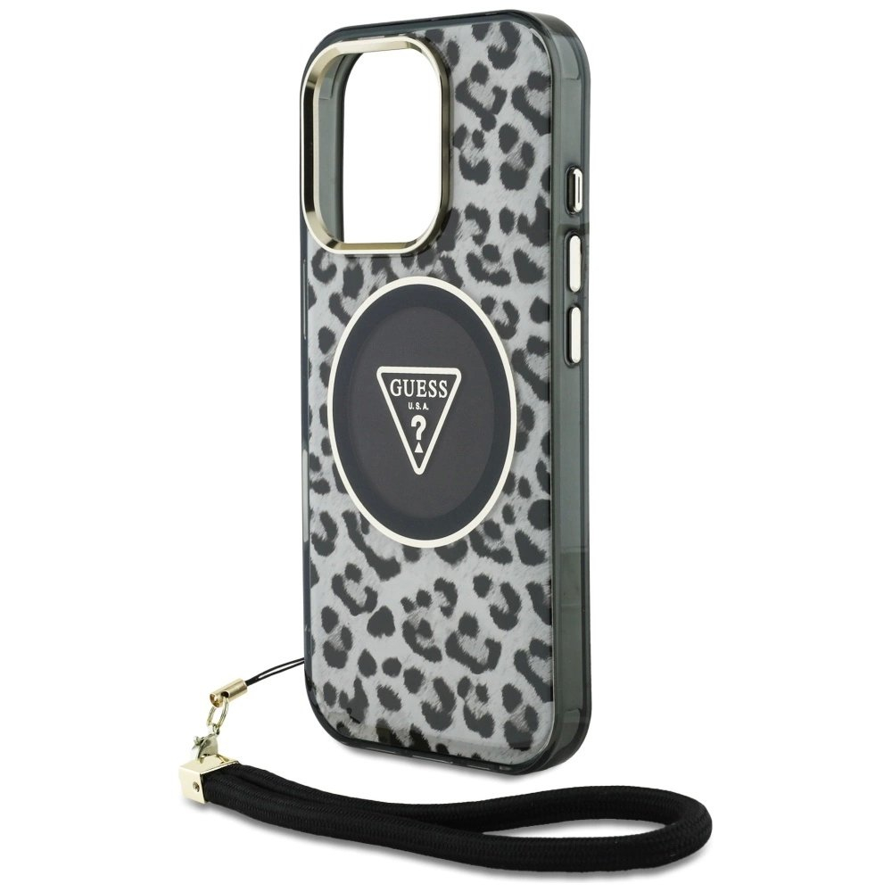 Guess HC IML Leopard Triangle Cord Strap MagSafe Dėklas skirtas iPhone 16 Pro - Juodas 4