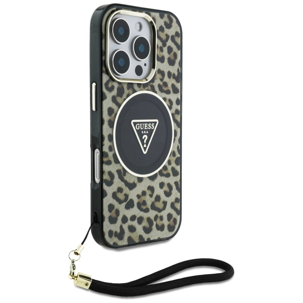 Guess HC IML Leopard Triangle Cord Strap MagSafe Dėklas skirtas iPhone 16 Pro - Rudas 2