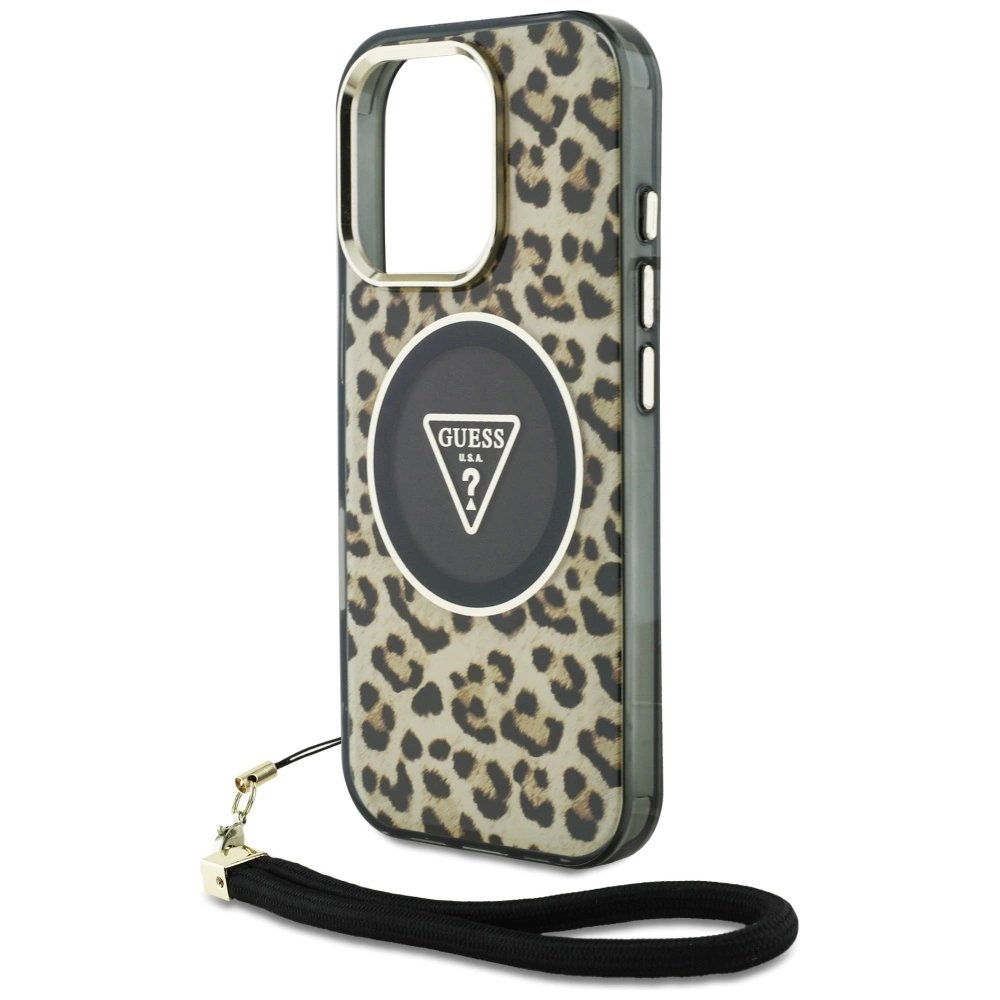 Guess HC IML Leopard Triangle Cord Strap MagSafe Dėklas skirtas iPhone 16 Pro - Rudas 4
