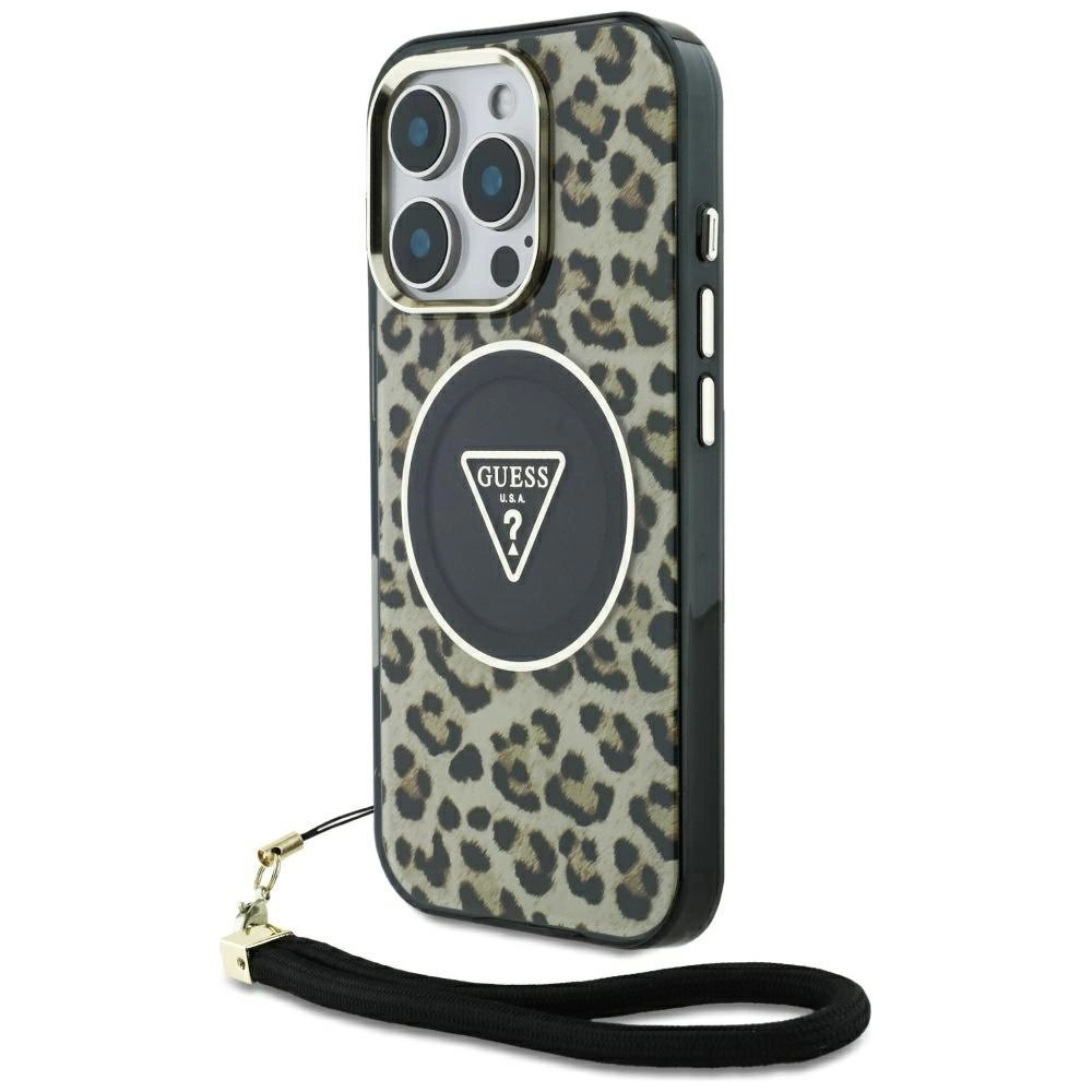 Guess HC IML Leopard Triangle Cord Strap MagSafe Dėklas skirtas iPhone 16 Pro - Rudas