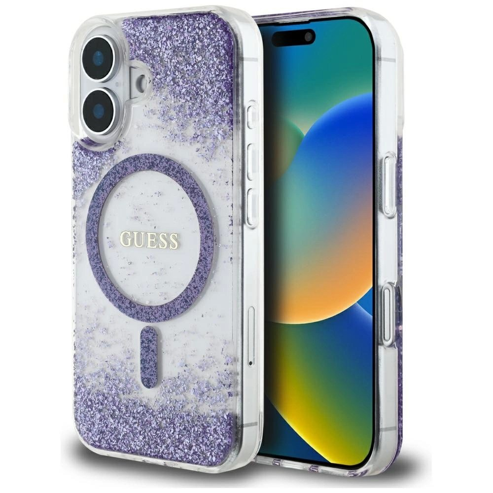 Guess HC Resin Bottom Glitter MagSafe Dėklas skirtas iPhone 16 - Violetinis