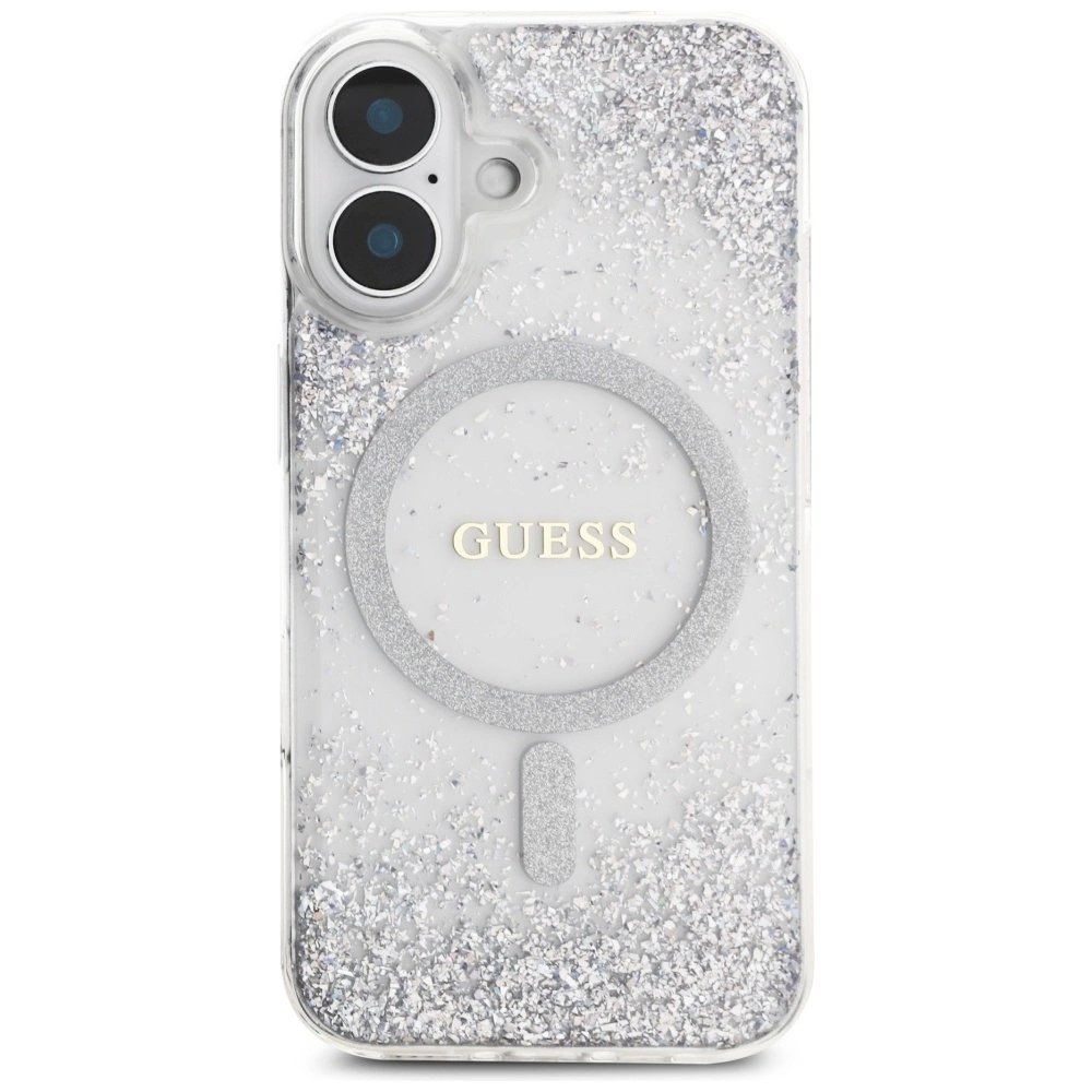 Guess HC Resin Bottom Glitter MagSafe Dėklas skirtas iPhone 16 - Sidabrinis 2 Guess HC Resin Bottom Glitter MagSafe Dėklas skirtas iPhone 16 - Sidabrinis 2