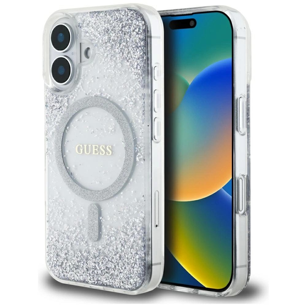 Guess HC Resin Bottom Glitter MagSafe Dėklas skirtas iPhone 16 - Sidabrinis