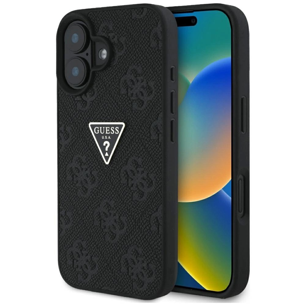 Guess Hot Stamp 4G Pattern Triangle Metal Logo Dėklas skirtas iPhone 16 - Juodas Guess Hot Stamp 4G Pattern Triangle Metal Logo Dėklas skirtas iPhone 16 - Juodas