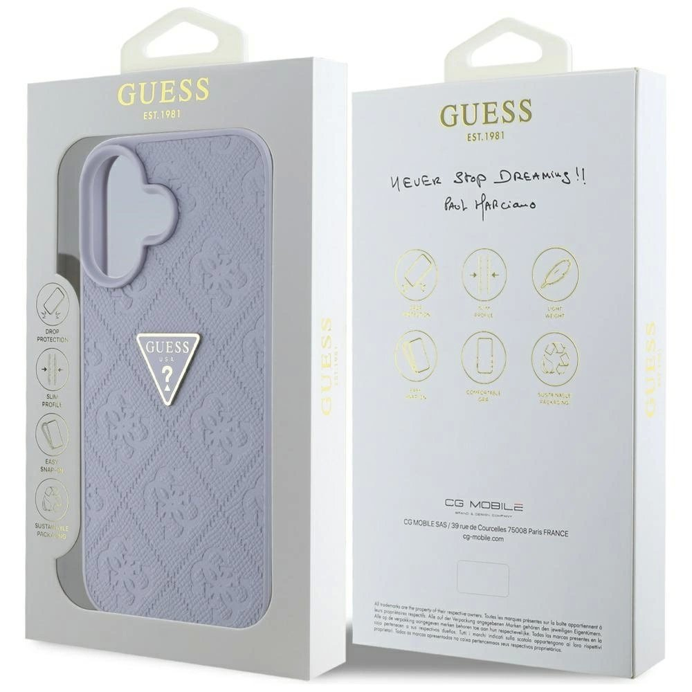 Guess Hot Stamp 4G Pattern Triangle Metal Logo iPhone 16 Dėklas - Violetinis 7