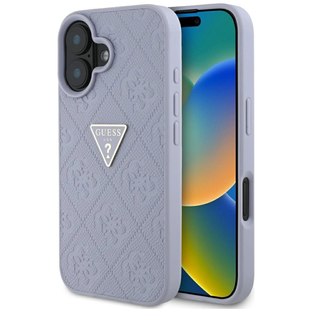 Guess Hot Stamp 4G Pattern Triangle Metal Logo iPhone 16 Dėklas - Violetinis Guess Hot Stamp 4G Pattern Triangle Metal Logo iPhone 16 Dėklas - Violetinis