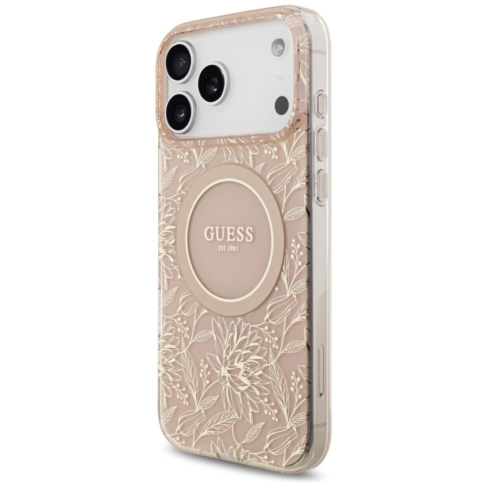 iPhone 17 Pro Max Guess IML Flowers Electro Pearl Strap MagSafe dėklas – rožinis 2 iPhone 17 Pro Max Guess IML Flowers Electro Pearl Strap MagSafe dėklas – rožinis 2