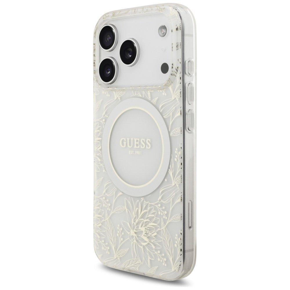iPhone 17 Pro Guess IML Flowers Electro Pearl Strap MagSafe dėklas – baltas 2