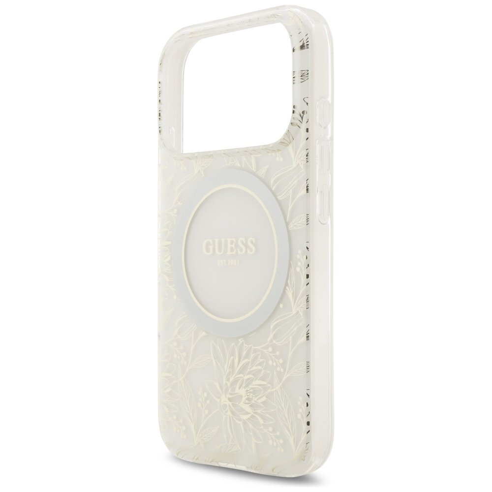 iPhone 17 Pro Guess IML Flowers Electro Pearl Strap MagSafe dėklas – baltas 5