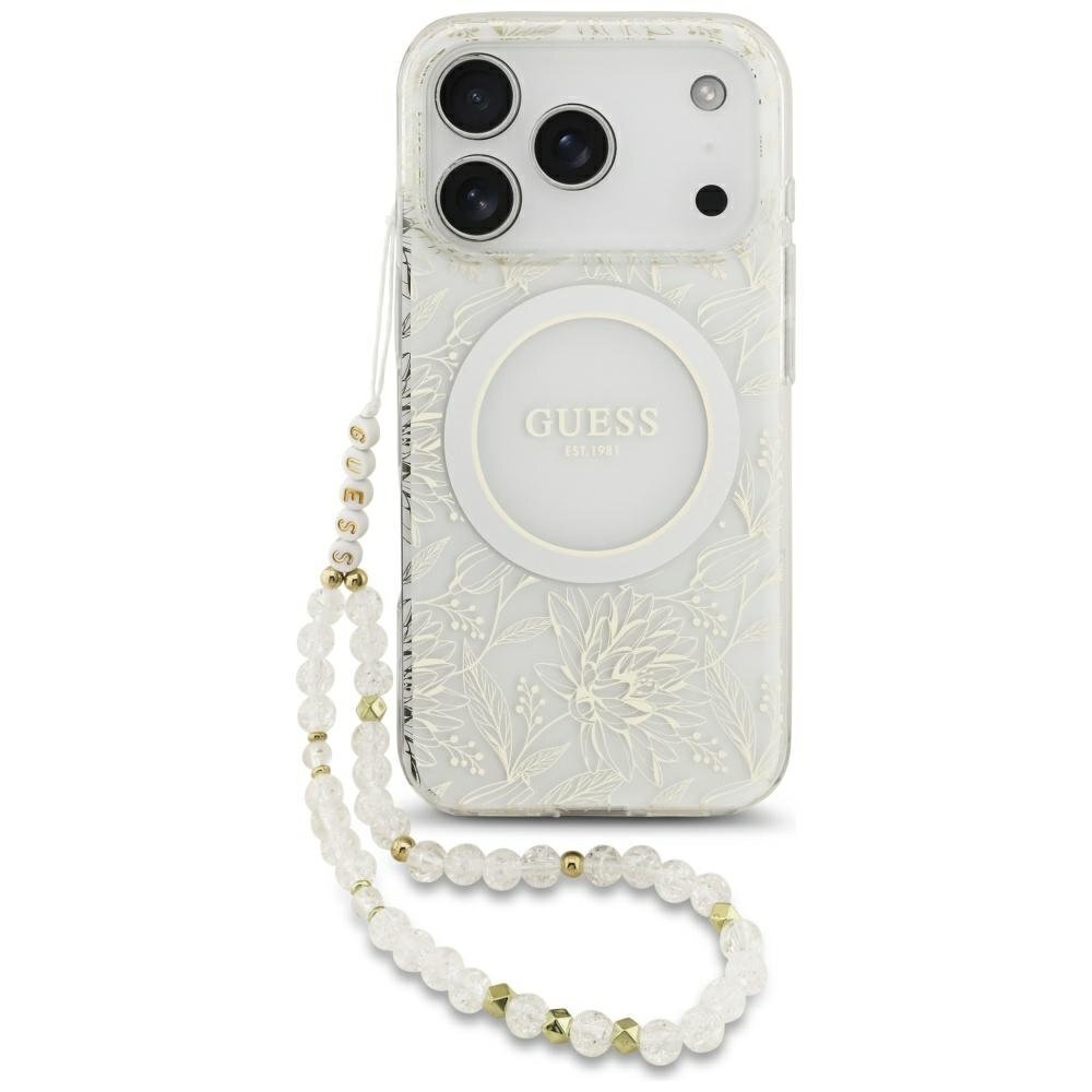 iPhone 17 Pro Guess IML Flowers Electro Pearl Strap MagSafe dėklas – baltas iPhone 17 Pro Guess IML Flowers Electro Pearl Strap MagSafe dėklas – baltas