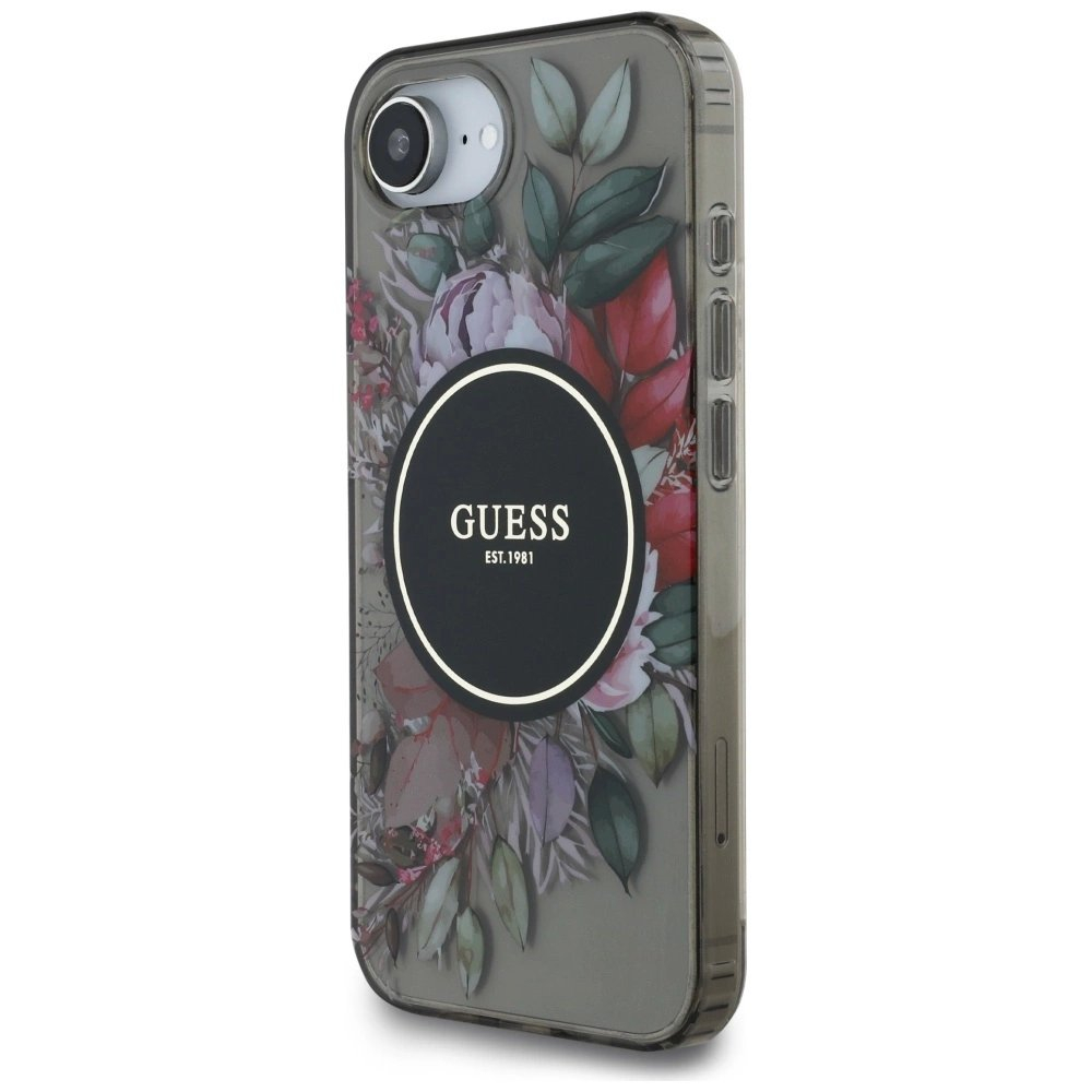 iPhone 16e – Guess IML Flowers MagSafe dėklas - Juodas 1 iPhone 16e – Guess IML Flowers MagSafe dėklas - Juodas 1