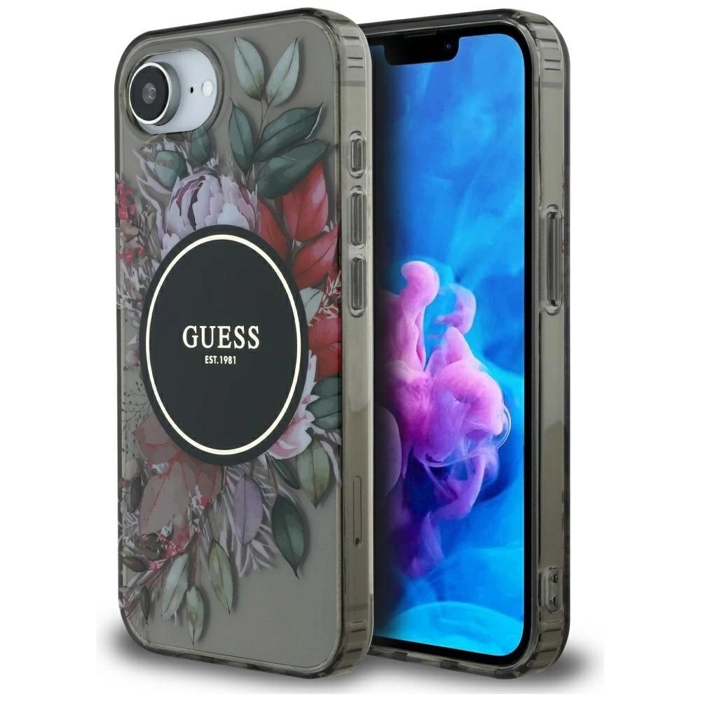 iPhone 16e – Guess IML Flowers MagSafe dėklas - Juodas iPhone 16e – Guess IML Flowers MagSafe dėklas - Juodas