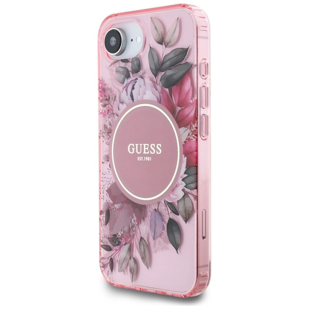 iPhone 16e – Guess IML Flowers MagSafe dėklas - Rožinis 1