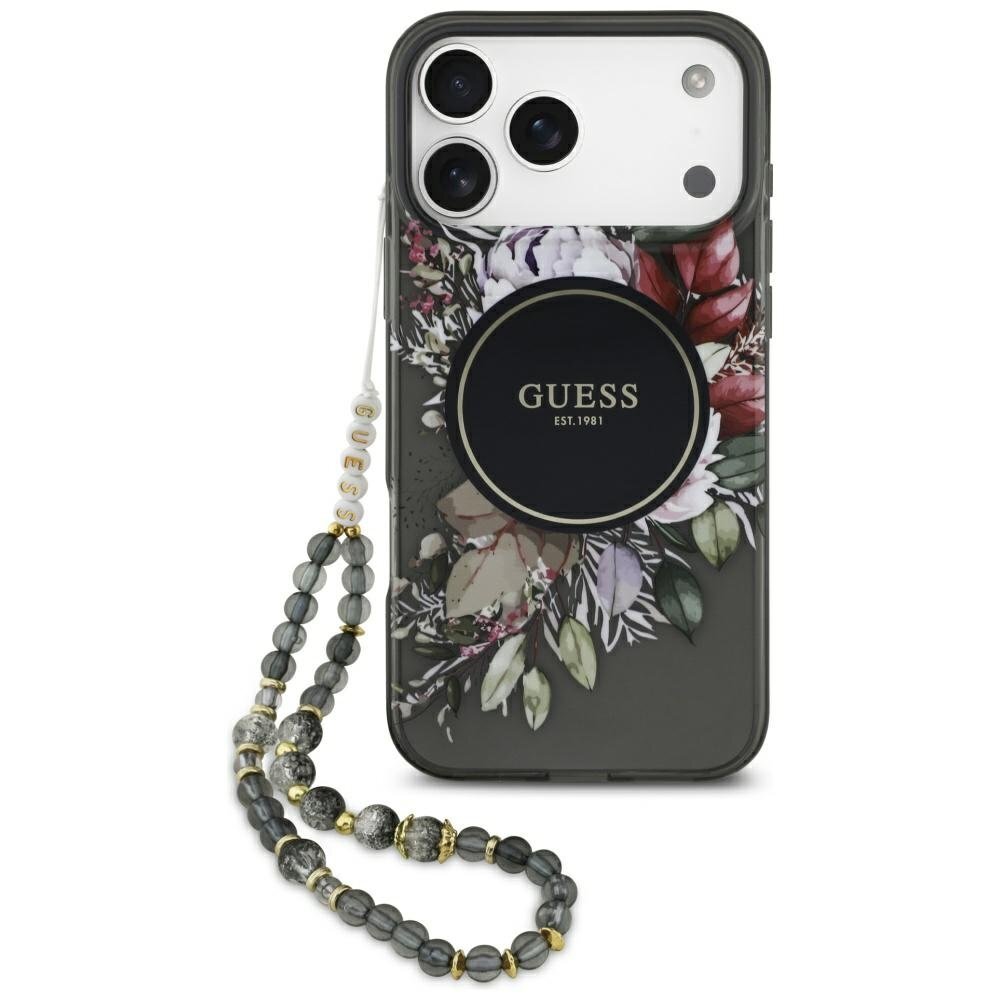 iPhone 17 Pro Max Guess IML Flowers Pearl Strap MagSafe dėklas – juodas iPhone 17 Pro Max Guess IML Flowers Pearl Strap MagSafe dėklas – juodas