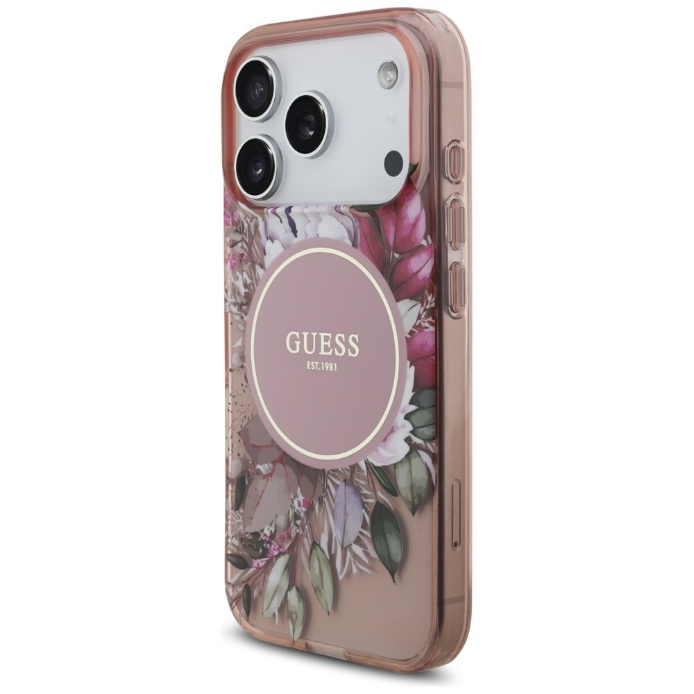 iPhone 17 Pro Guess IML Flowers Pearl Strap MagSafe dėklas – rožinis 2