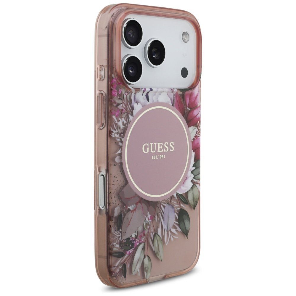 iPhone 17 Pro Guess IML Flowers Pearl Strap MagSafe dėklas – rožinis 3