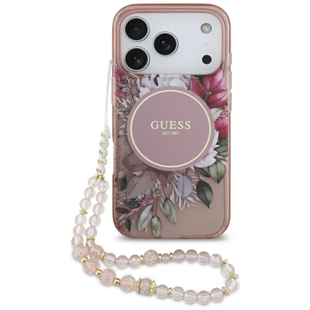 iPhone 17 Pro Guess IML Flowers Pearl Strap MagSafe dėklas – rožinis iPhone 17 Pro Guess IML Flowers Pearl Strap MagSafe dėklas – rožinis