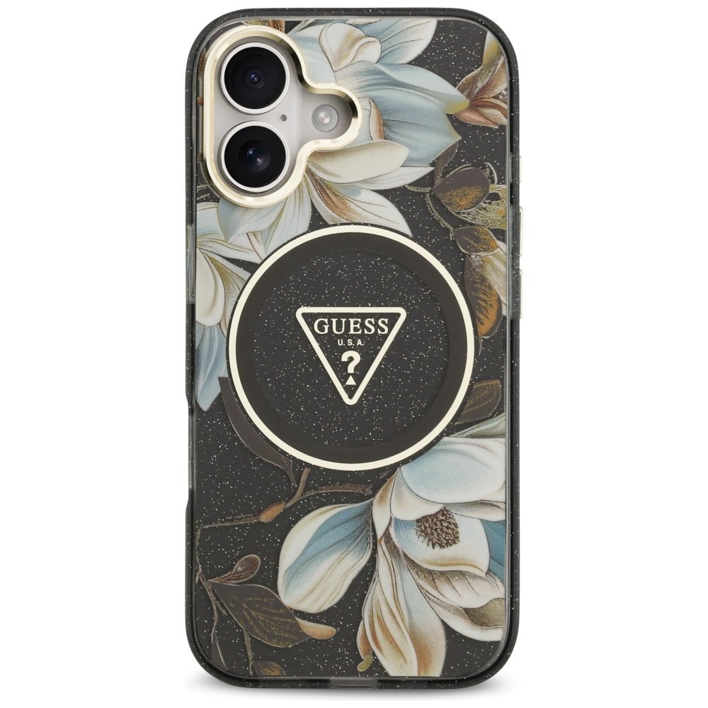 iPhone 17 Guess IML Glitter Flowers Triangle MagSafe dėklas – juodas 2