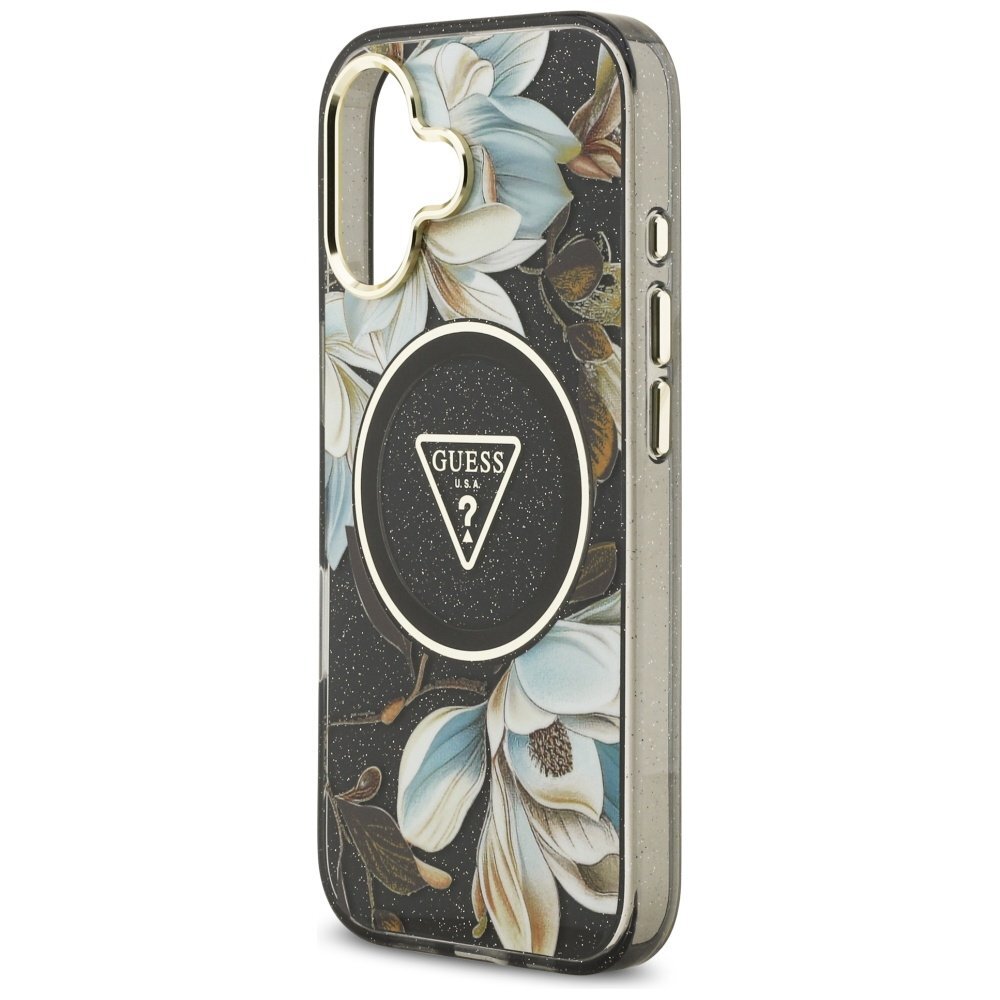 iPhone 17 Guess IML Glitter Flowers Triangle MagSafe dėklas – juodas 5