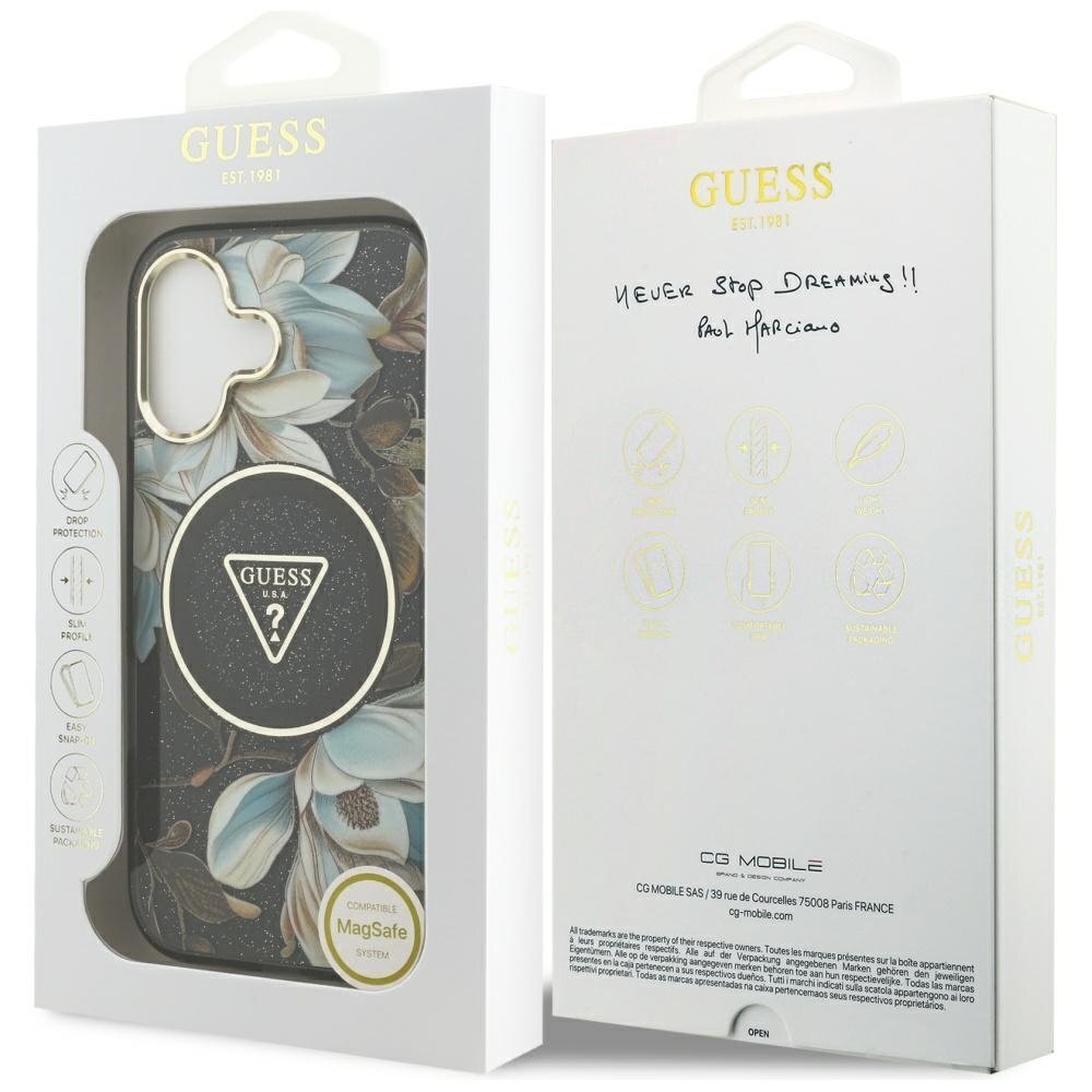 iPhone 17 Guess IML Glitter Flowers Triangle MagSafe dėklas – juodas 7