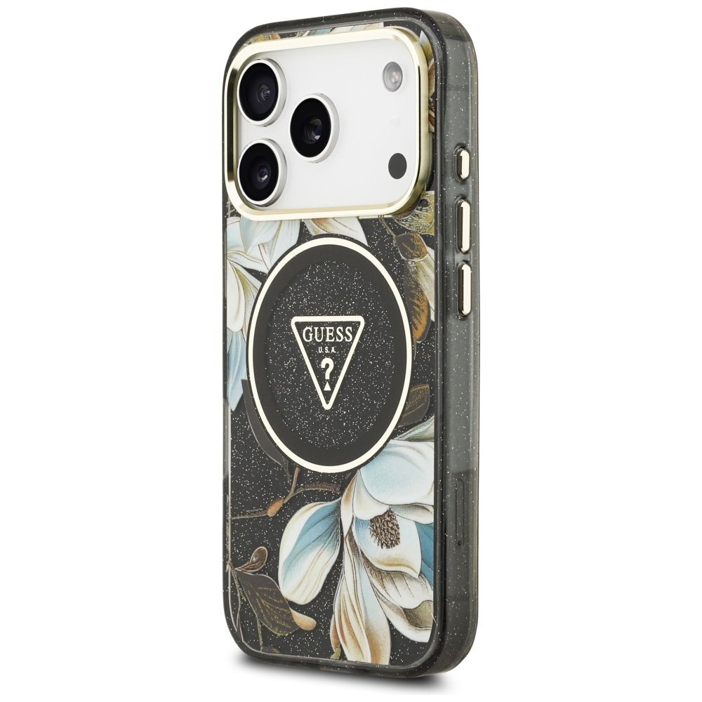 iPhone 17 Pro Guess IML Glitter Flowers Triangle MagSafe dėklas – juodas 1