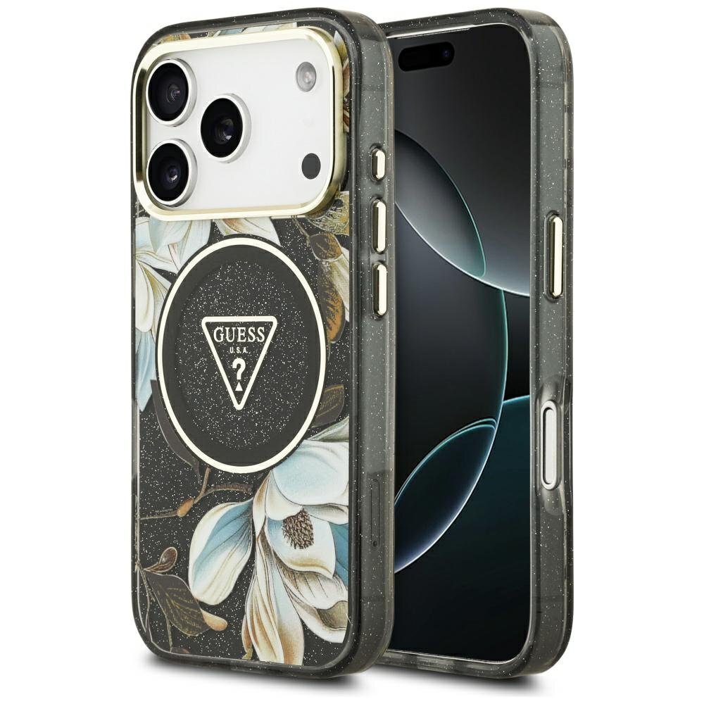 iPhone 17 Pro Max Guess IML Glitter Flowers Triangle MagSafe dėklas – juodas iPhone 17 Pro Max Guess IML Glitter Flowers Triangle MagSafe dėklas – juodas