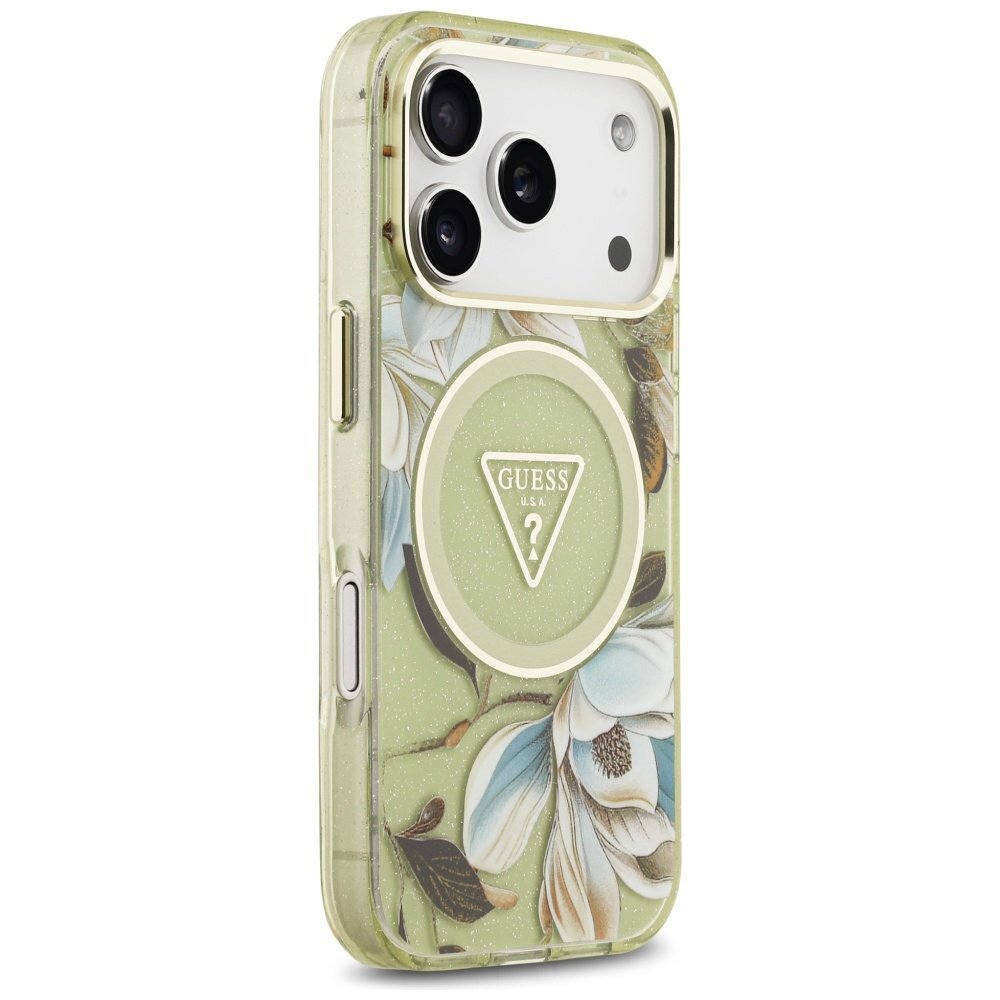 iPhone 17 Pro Max Guess IML Glitter Flowers Triangle MagSafe dėklas – žalias 3 iPhone 17 Pro Max Guess IML Glitter Flowers Triangle MagSafe dėklas – žalias 3