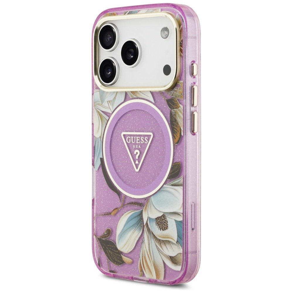 iPhone 17 Pro Max Guess IML Glitter Flowers Triangle MagSafe dėklas – violetinis 1