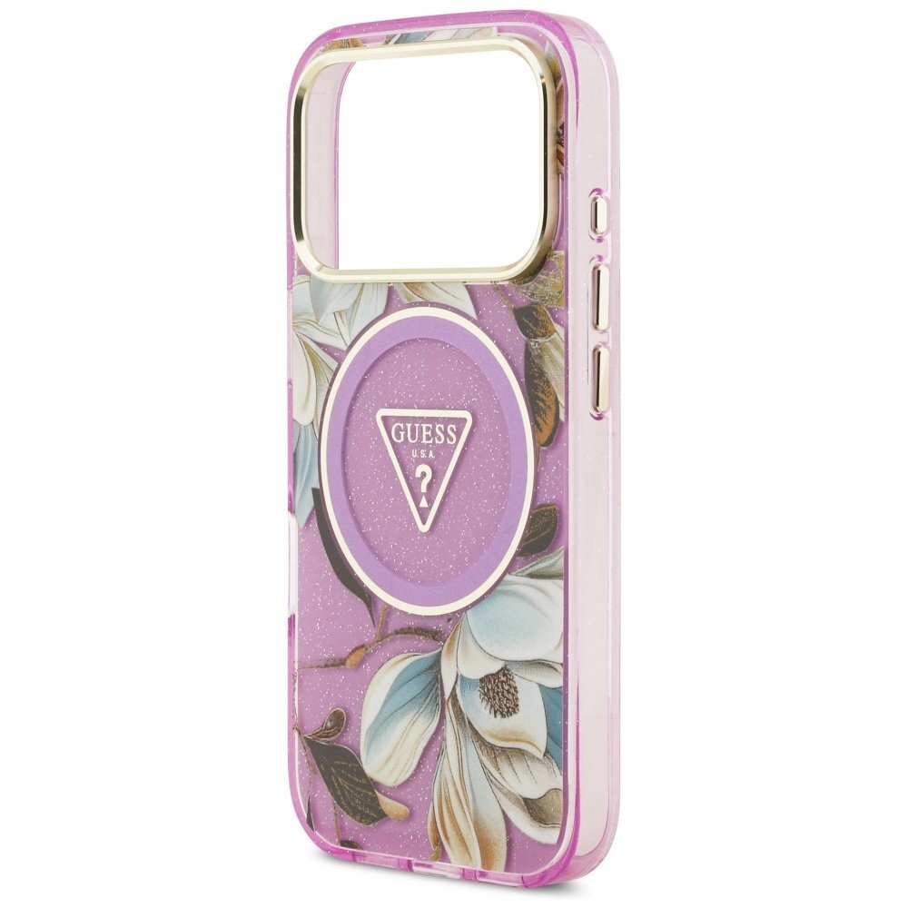 iPhone 17 Pro Max Guess IML Glitter Flowers Triangle MagSafe dėklas – violetinis 5