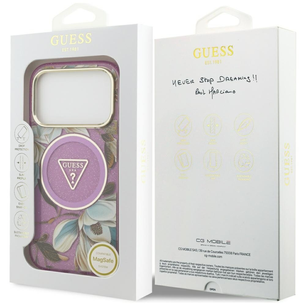 iPhone 17 Pro Max Guess IML Glitter Flowers Triangle MagSafe dėklas – violetinis 7