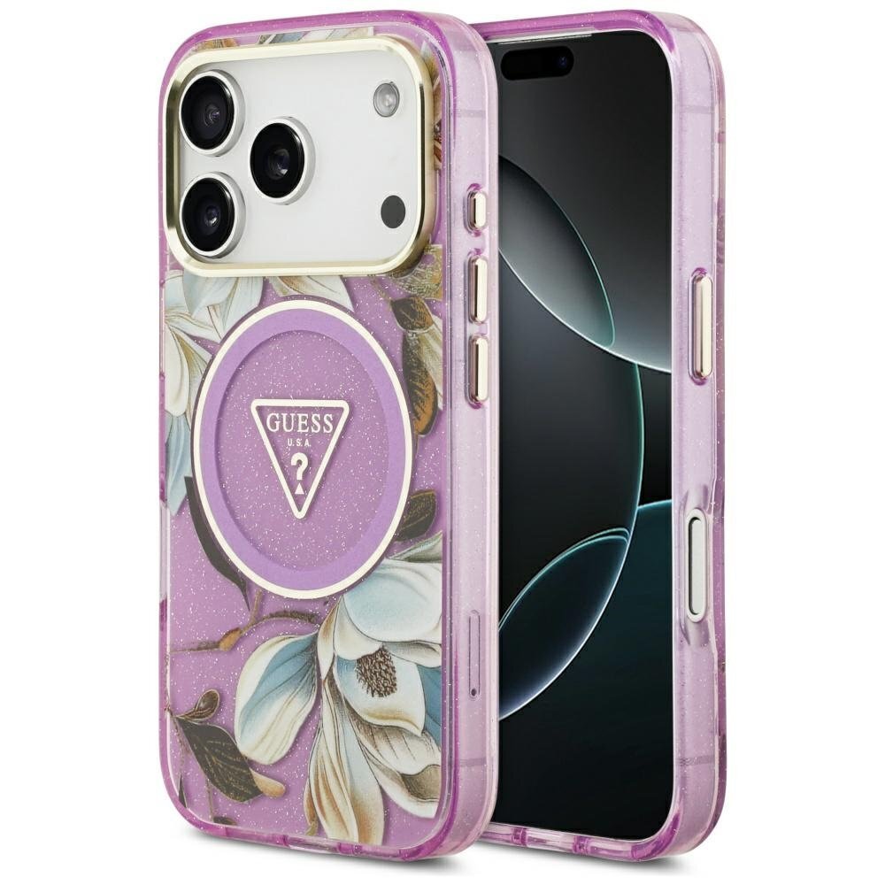 iPhone 17 Pro Max Guess IML Glitter Flowers Triangle MagSafe dėklas – violetinis