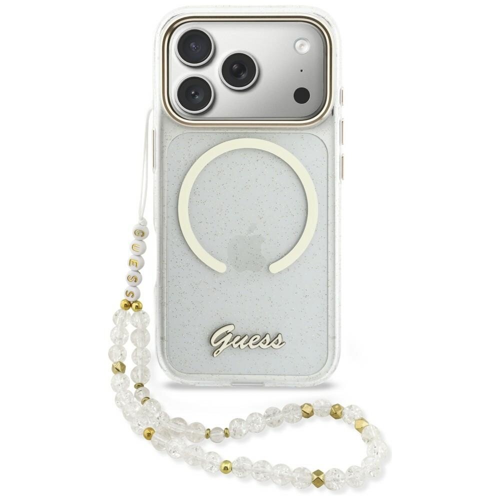 iPhone 17 Pro Guess IML Glitters Script Strap MagSafe dėklas – skaidrus