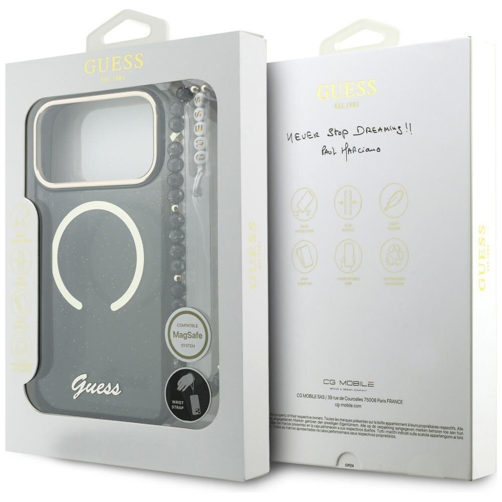 iPhone 17 Pro Max Guess IML Glitters Script Strap MagSafe dėklas – juodas 6