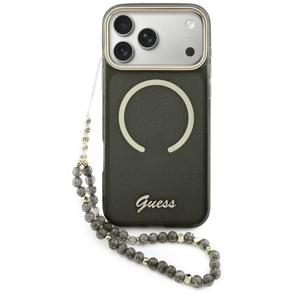 iPhone 17 Pro Max Guess IML Glitters Script Strap MagSafe dėklas – juodas