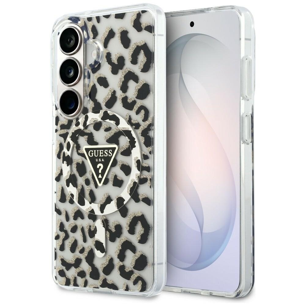 Samsung Galaxy S26 Guess IML Leopard Print Triangle MagSafe dėklas – juodas Samsung Galaxy S26 Guess IML Leopard Print Triangle MagSafe dėklas – juodas