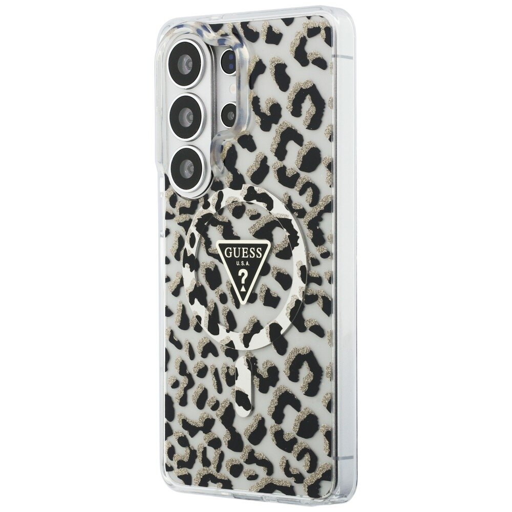 Samsung Galaxy S26 Ultra Guess IML Leopard Print Triangle MagSafe dėklas – juodas 1 Samsung Galaxy S26 Ultra Guess IML Leopard Print Triangle MagSafe dėklas – juodas 1