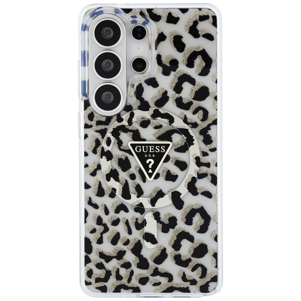 Samsung Galaxy S26 Ultra Guess IML Leopard Print Triangle MagSafe dėklas – juodas 2 Samsung Galaxy S26 Ultra Guess IML Leopard Print Triangle MagSafe dėklas – juodas 2