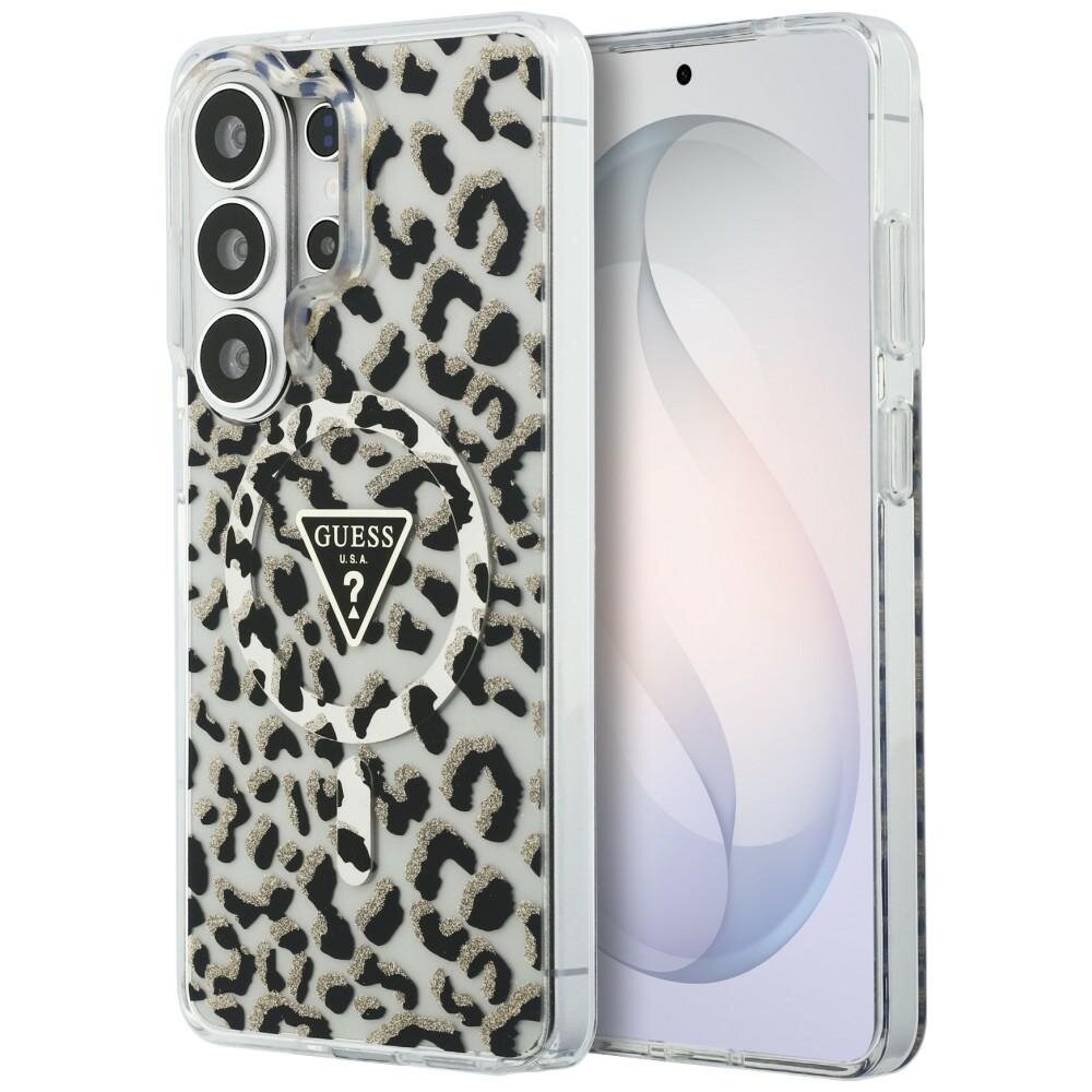 Samsung Galaxy S26 Ultra Guess IML Leopard Print Triangle MagSafe dėklas – juodas Samsung Galaxy S26 Ultra Guess IML Leopard Print Triangle MagSafe dėklas – juodas