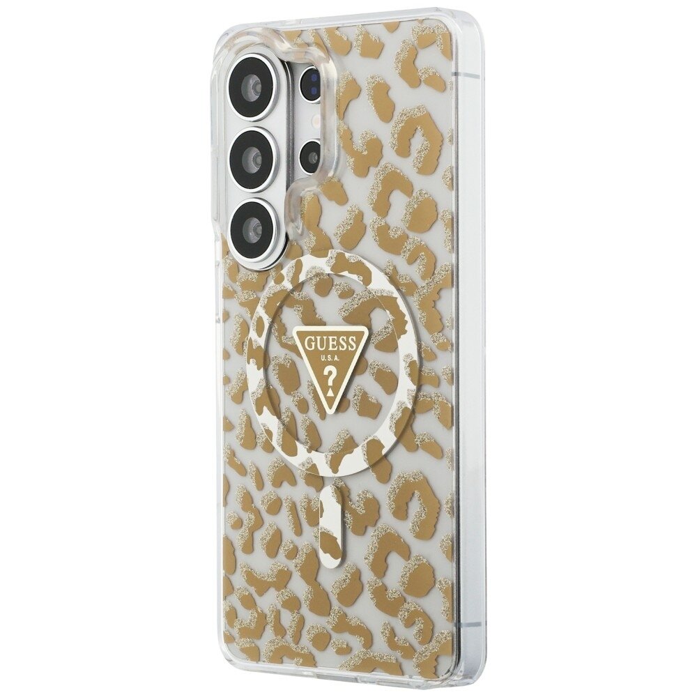 Samsung Galaxy S26 Ultra Guess IML Leopard Print Triangle MagSafe dėklas – rudas 1 Samsung Galaxy S26 Ultra Guess IML Leopard Print Triangle MagSafe dėklas – rudas 1