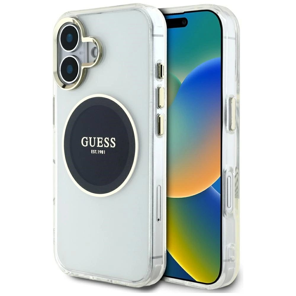 iPhone 16 Guess IML Metal Colored Circle Classic Logo MagSafe dėklas - juodas