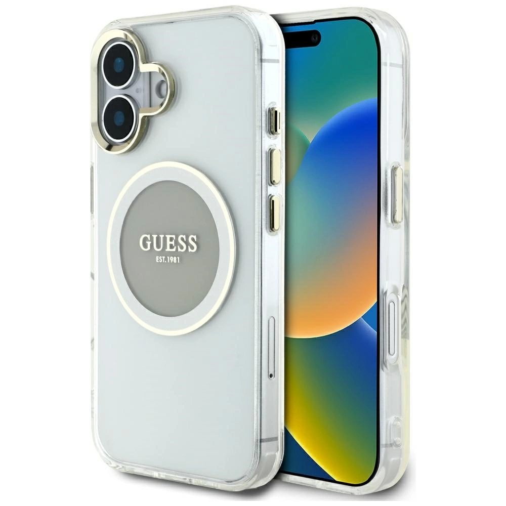 iPhone 16 Guess IML Metal Colored Circle Classic Logo MagSafe dėklas - pilkas iPhone 16 Guess IML Metal Colored Circle Classic Logo MagSafe dėklas - pilkas