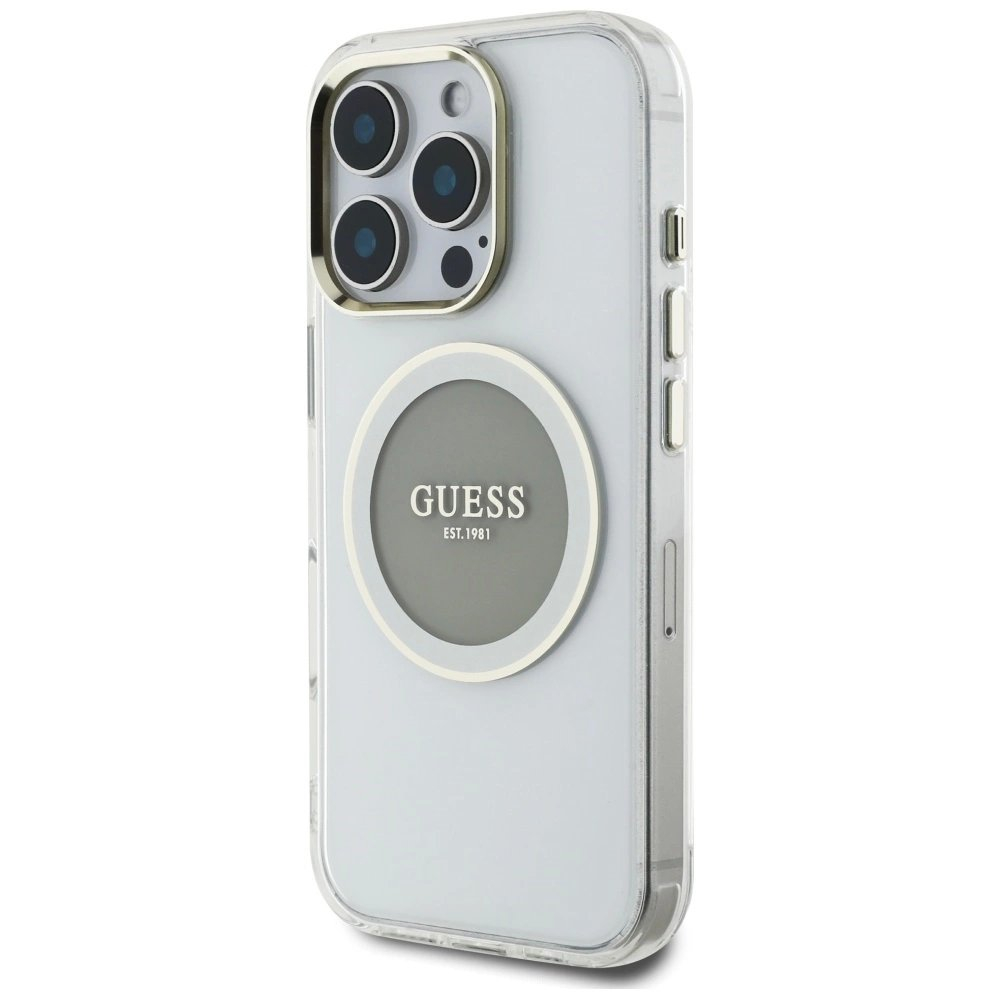iPhone 16 Pro Guess IML Metal Colored Circle Classic Logo MagSafe dėklas - pilkas 1