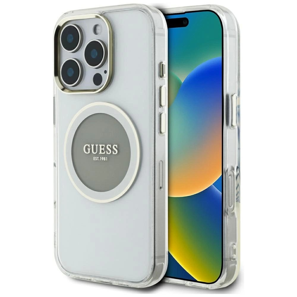 iPhone 16 Pro Guess IML Metal Colored Circle Classic Logo MagSafe dėklas - pilkas iPhone 16 Pro Guess IML Metal Colored Circle Classic Logo MagSafe dėklas - pilkas