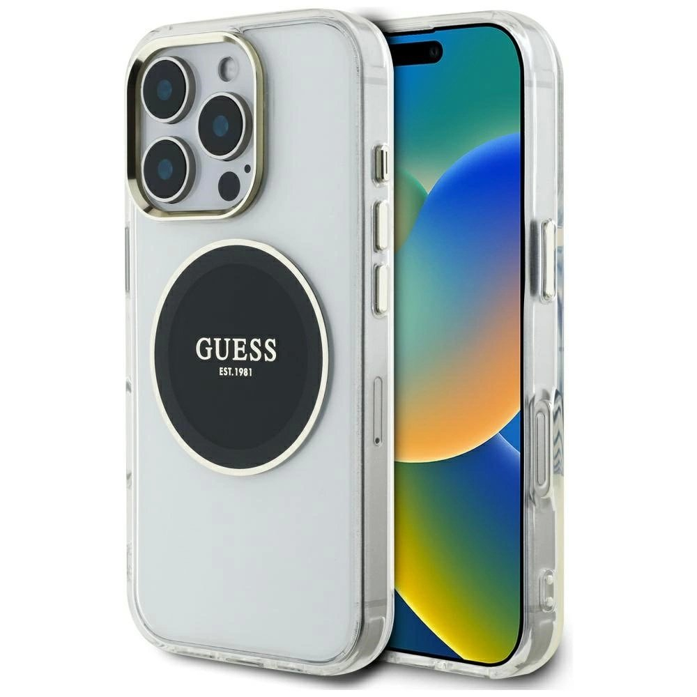 iPhone 16 Pro Max Guess IML Metal Colored Circle Classic Logo MagSafe dėklas - juodas